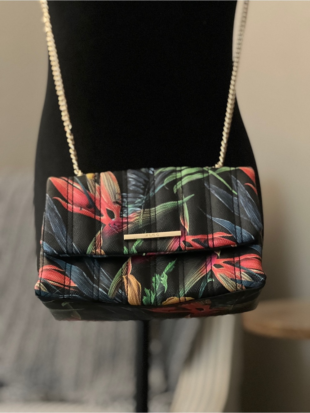 Aldo Black Quilted Crossbody with Multicolor Floral Print